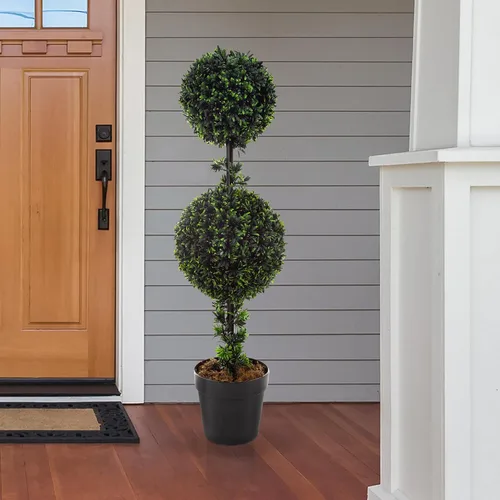 Vista 5 de Juego de 2 árboles topiarios – 36 pulgadas de doble bola podocarpus plantas falsas – Plantas artificiales realistas en macetas para interiores