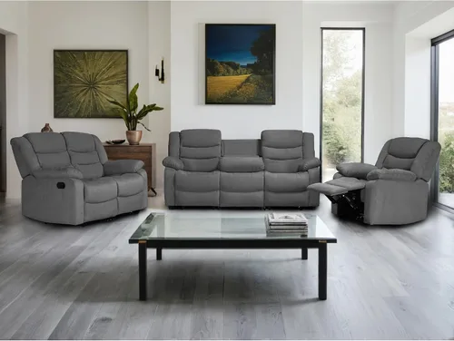 Vista 8 de Juego de sofá reclinable, juego de sofá reclinable manual de microfibra, juego de 3 piezas con sofá biplaza, mesa desplegable y portavasos, sala