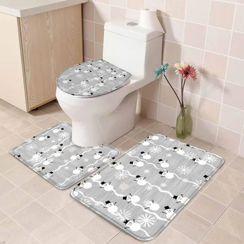 Vista 5 de Juego de 3 alfombras de baño de Feliz Navidad, diseño de muñeco de nieve, copo de nieve, gris nieve, absorbente, antideslizante, tapete