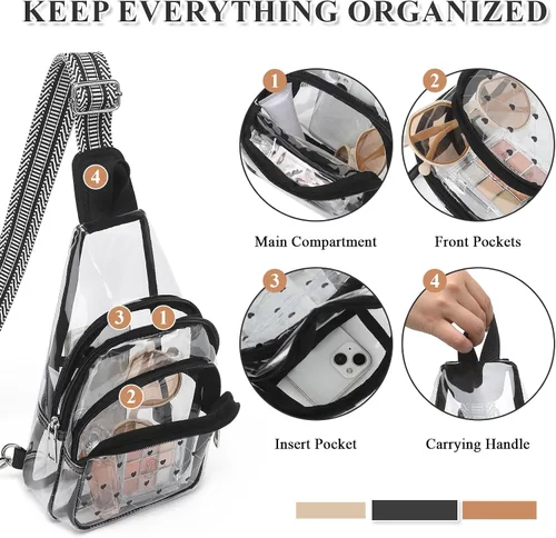 Vista 5 de MUSEVOS Bolso bandolera transparente para eventos en estadios, bolsa cruzada transparente aprobada para estadios, bolsas de conciertos impermeables