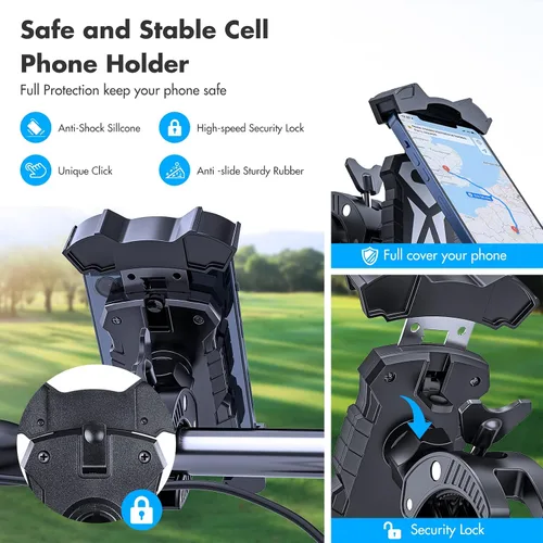 Vista 5 de Soporte universal para teléfono para carrito de golf, soporte ajustable para teléfono de bicicleta para manubrios compatible con iPhone 14, 13, 12
