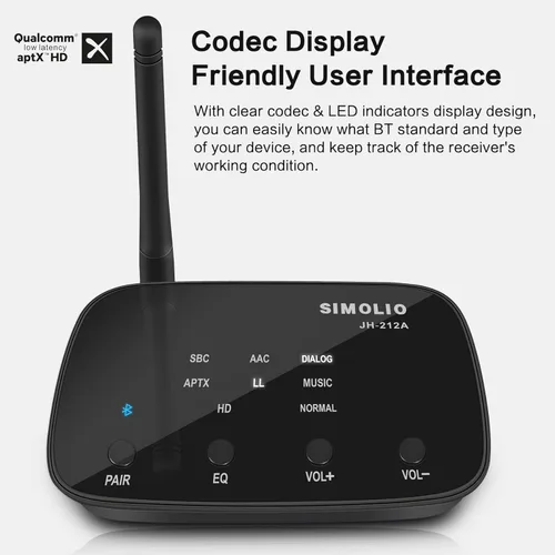 Vista 2 de SIMOLIO Receptor Bluetooth con pantalla de códec EQ y BT, adaptador de audio inalámbrico de 197 pies con aptX LL y aptX HD para altavoces estéreo