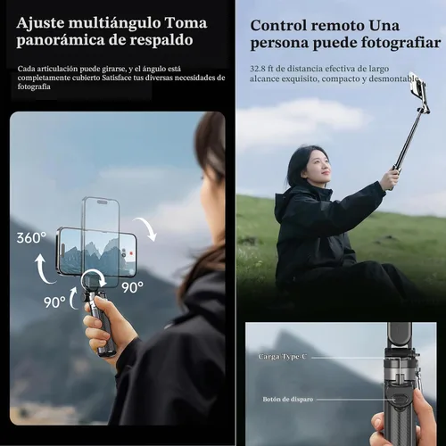 Vista 4 de Palo selfie magnético, 4 en 1 con control remoto, 4.3 pulgadas para vlogging Aluminum Alloy Rod, N52 Magnets, 10m Bluetooth Remote, 360° Rotation