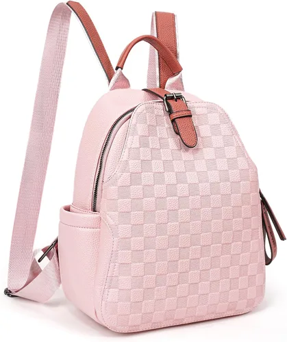 Vista 8 de Mochila pequeña para mujer, bonita mochila a cuadros de piel sintética para mujer, mochila ligera para el hombro, escuela y viajes, Negro
