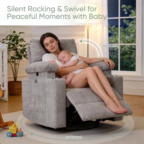 Vista 8 de Glider - Silla reclinable para guardería con reposabrazos ajustables, mecedora con masaje y calor, mecedora giratoria con reposacabezas ajustable