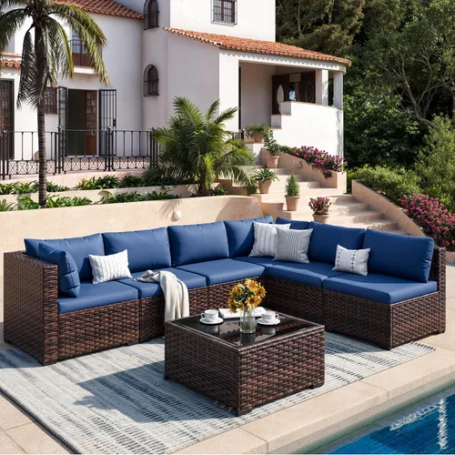 Vista 11 de Juego de muebles de patio, sofá seccional de mimbre para exteriores Beige/Negro