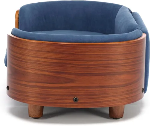 Vista 3 de HomSof Cama elevada para perros y gatos de 26.38 pulgadas, sofá para mascotas con patas de madera maciza y respaldo de madera doblada con cojín