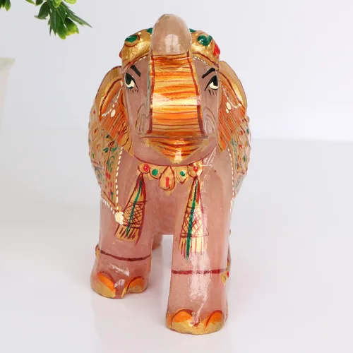 Vista 2 de REAL-GEMS Estatua de escultura de cristal de elefante de cuarzo rosa tallada a mano decorativa curativa Reiki figuras de piedras preciosas