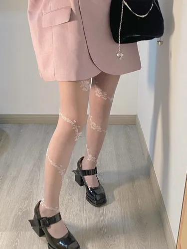 Vista 3 de Medias sexys con estampado floral para mujer, medias de encaje de cintura alta, mallas transparentes para fiesta y club