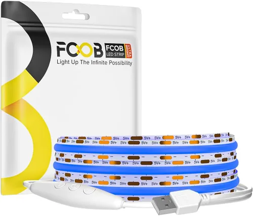 Vista 9 de Tira de luz LED USB de 6.56 pies, 5 voltios alimentada por USB, luces LED COB de 3000 K, blanco cálido de 0.315 in, tiras flexibles de alta densidad