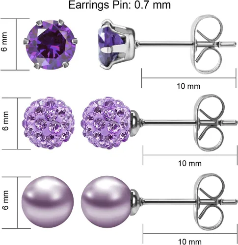 Vista 31 de JewelrieShop - Juego de aretes de tuerca de acero inoxidable con circonitas cúbicas y perlas de imitación, 3 pares de 0.236 in