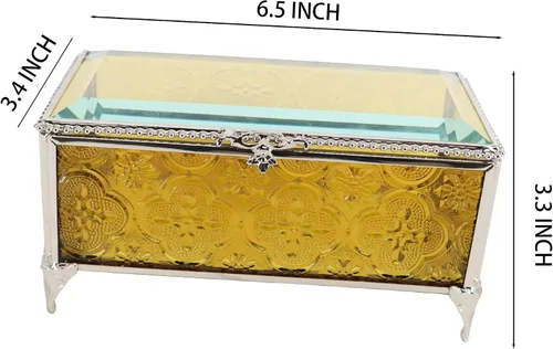 Vista 6 de Joyero de cristal rectangular vintage con tapa con bisagras, anillo de joyería, pulsera, caja de exhibición de metal de recuerdo, caja