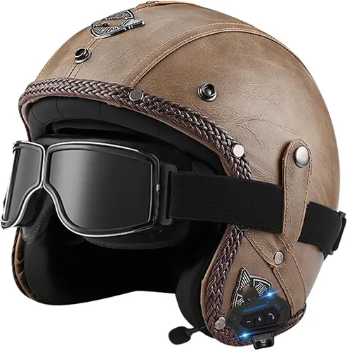 Vista 17 de Casco retro de motocicleta con Bluetooth, casco de cuero Jet con gafas personalizadas, medio casco de motocicleta 3/4 aprobado por DOT, casco