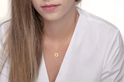 Vista 3 de Round Compass Necklace for Women, Dainty Compass Disc Necklace in Solid Gold 9K,14K, &18K, Perforated Compass Necklace Open Compass