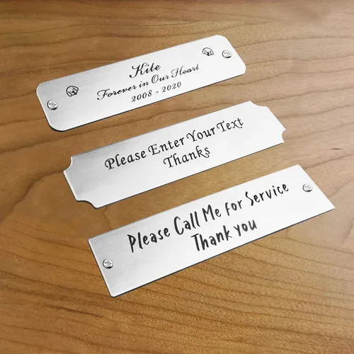 Vista 3 de 3" de ancho x 0.75" de alto, personalizadas, con grabado láser personalizado, etiquetas de nombres para armazones con imágenes, placas de acero