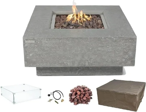 Vista 13 de Elementi Manhattan - Juego de mesa de fuego de gas de hormigón, encendido electrónico para exteriores, cubierta de lona, roca de lava incluida claro