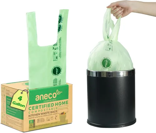 Vista 11 de ANECO Bolsas de basura 100% compostables para el hogar (bolsas de basura de 1.6 galones, 50 unidades), pequeñas bolsas de compost de cocina