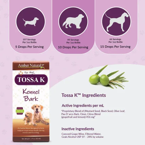 Vista 4 de AMBER NATURALZ - TOSSA K - Corteza de perrera - para Dogz - 1 onza Maintains normal lung & respiratory function. Promotes a healthy canine immune