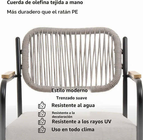 Vista 9 de Juego de 2 sillas de comedor para exteriores, sillas de comedor de mimbre para patio con cojines extraíbles, silla de mesa rectangular para patio