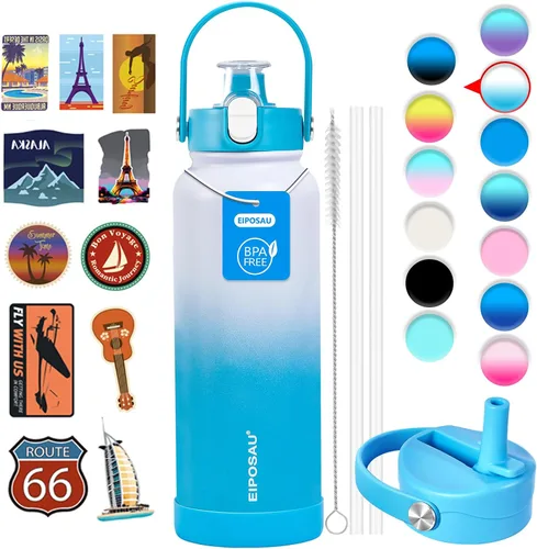 Vista 32 de Botella de agua aislada con tapa, bota y calcomanías, botella de acero inoxidable de 24 onzas, sin sudor, mantiene el frío las 24 horas, botella
