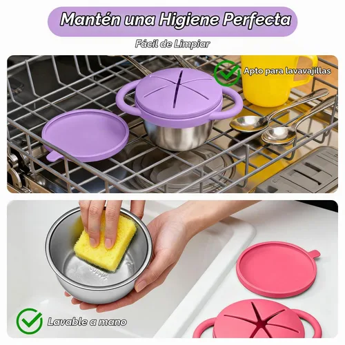 Vista 5 de 2 Pack de contenedores de aperitivos para bebé de acero inoxidable para niños con tapas y asas de silicona a prueba de derrames de grado alimenticio