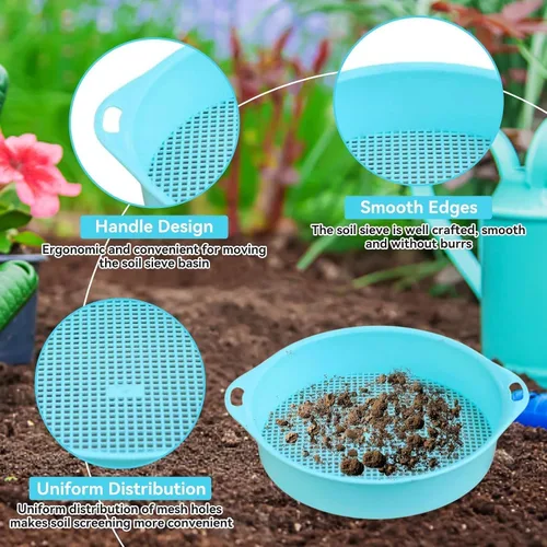 Vista 6 de Sartén redonda para tamiz de suelo de jardín, arena de jardinería, tamiz de abono de suelo de 0.118 in, filtro de suelo de tetragón, filtro