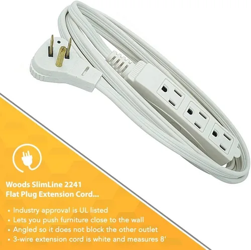 Vista 4 de Woods SlimLine Cable de extensión plano para interiores, 8 pies, enchufe de ángulo recto calibre 16, 3 tomas polarizadas, 125 voltios, blanco, 2241