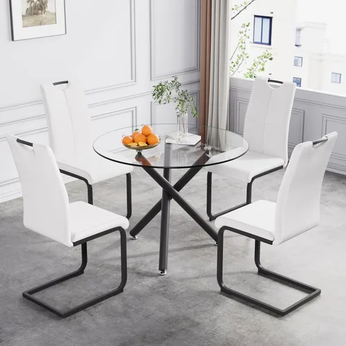 Vista 4 de Mesa de comedor redonda de vidrio para 2-3, parte superior de vidrio templado moderna, patas cromadas resistentes, almohadillas ajustables