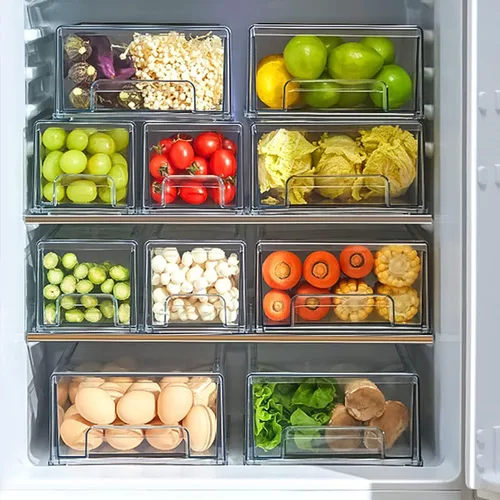Vista 5 de Paquete de 2 cajones apilables para refrigerador, contenedores extraíbles transparentes, organizador de cajón para refrigerador, contenedores