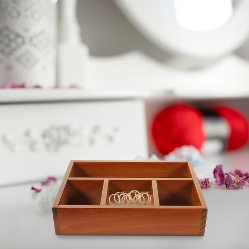 Vista 7 de SOIMISS Bandeja organizadora de maquillaje de madera, compartimento rectangular vintage, caja de almacenamiento de cosméticos con 4 rejillas