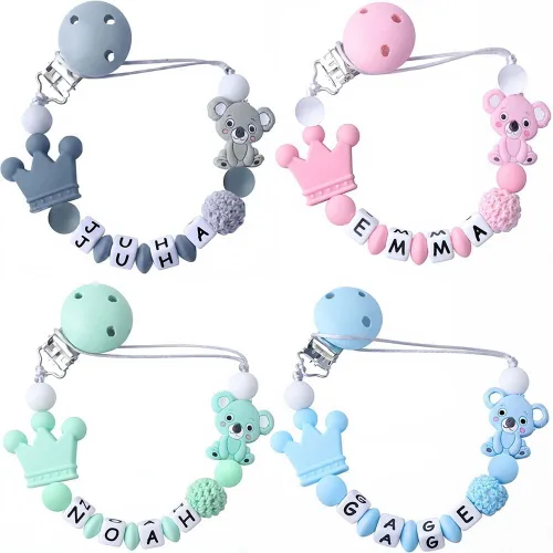 Vista 5 de Clip de chupete de koala personalizado con nombre, clips de chupete de silicona personalizados, regalo para bebé niño y niña (Koala)
