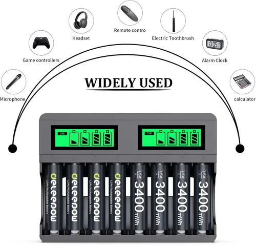 Vista 7 de Deleepow 8 pilas AA recargables de 3400 mWh con cargador, baterías de litio de 1.5 V AA de 1500 ciclos precargados