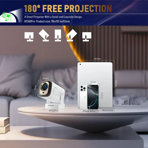Vista 2 de Proyector portátil HY260 PRO MINI actualizado, soporte nativo 1080P para resolución 4K con Bluetooth 5.4 WIFI6 300 ANSI Android 11,180° giratorio