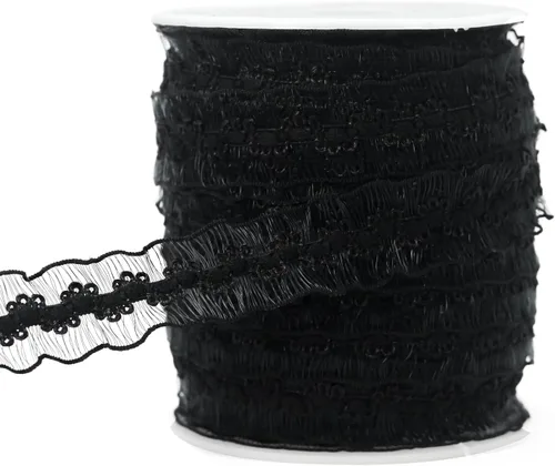 Vista 21 de Cinta de encaje elástica negra con volantes de 20 yardas para coser de 1 pulgada de organza de doble onda, ajuste de encaje, ropa y ropa
