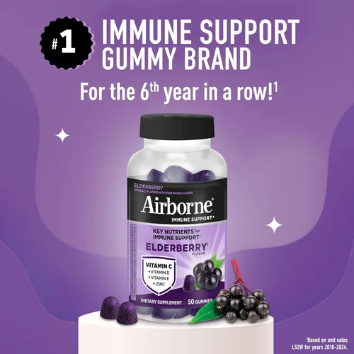 Vista 2 de Airborne - Gomitas de saúco + zinc y vitamina C para adultos, suplemento para fortalecer el sistema inmunológico con vitaminas D y zinc