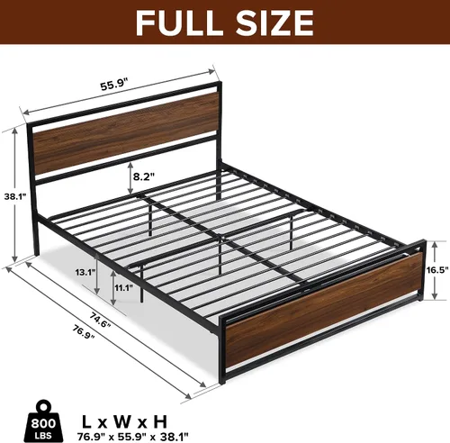 Vista 2 de Base de cama de metal de tamaño matrimonial con cabecera y estribo de madera, base de cama de plataforma resistente con almacenamiento, base