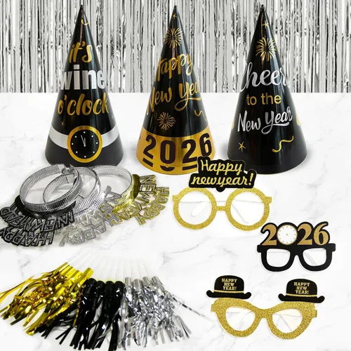 Vista 3 de Suministros para fiesta de Año Nuevo 2026 – Kit de decoración de Feliz Año Nuevo – Juego de 50 unidades incluye pancarta, sombreros, cinta, gafas