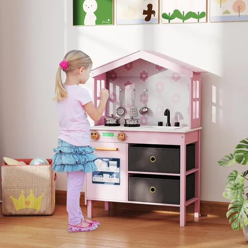 Vista 9 de Costzon Cocina de Juguete para Niños, Juguete de Cocina Montessori Little Chef con 2 Estufas, Perillas Giratorias, Grifo, Fregadero, Lavavajillas, 2