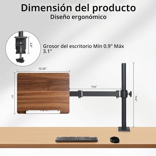 Vista 2 de Soporte de libro ajustable con soporte de abrazadera de escritorio, soporte de lectura de madera con brazo de metal, negro