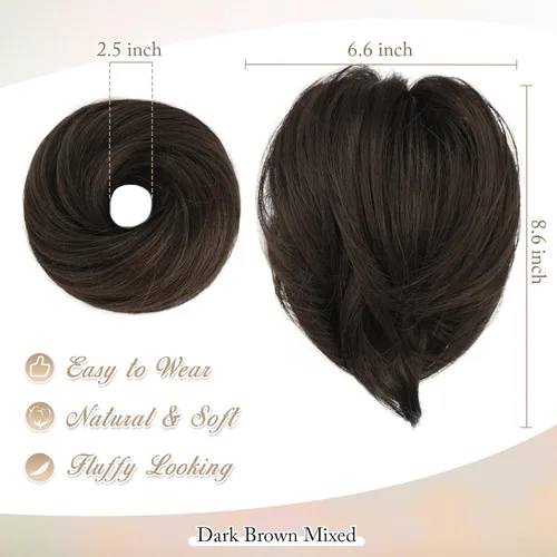 Vista 6 de BARSDAR Extensión de moño de cabello liso marrón oscuro + flequillo de clip de cabello humano