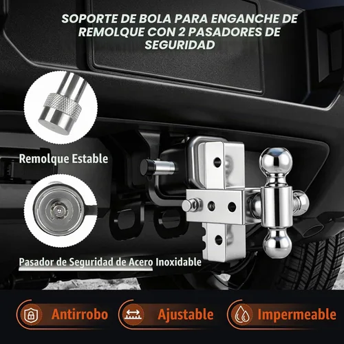 Vista 5 de Enganche de remolque ajustable de 2.5 pulgadas, montaje de bola de trío de Plateado