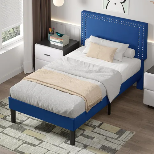 Vista 62 de VECELO Base de cama de plataforma de tamaño individual con cabecera tapizada de altura ajustable, base de colchón moderna, soporte de listones