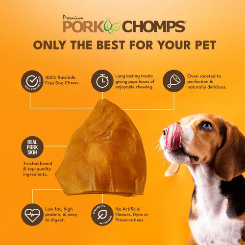 Vista 3 de Pork Chomps Masticables de piel de cerdo asada para perros, formas de oreja de 5 pulgadas, 1.6 onzas (paquete de 1)