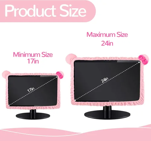 Vista 2 de Hoteam 2 piezas 17''-24'' fundas Kawaii para monitor de computadora con orejas de gato peludas, linda funda protectora de polvo rosa para monitor