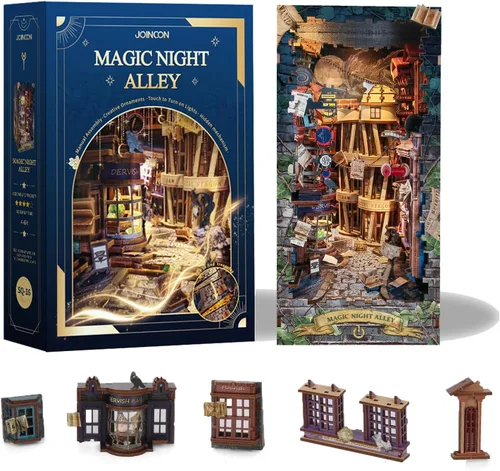 Vista 9 de Kit de rincón de libros con luces LED, casa de muñecas en miniatura 3D, rompecabezas de madera para adultos, decoración de sujetalibros, ideal
