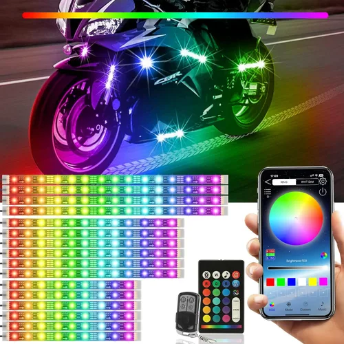 Vista 9 de SUNPIE - Kit de 8 tiras de luz LED impermeables con control remoto RF, luces de acento multicolor para motocicleta, para Harley Honda, Kawasaki