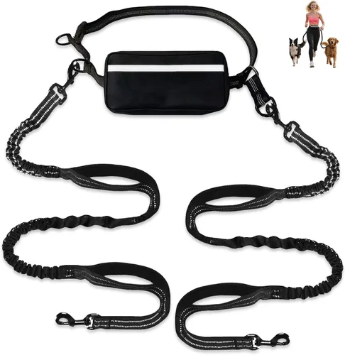 Vista 9 de Correa de perro manos libres con cinturón de cintura y bolsa grande, correa de cintura para pasear perros, correr, senderismo y trotar, asas