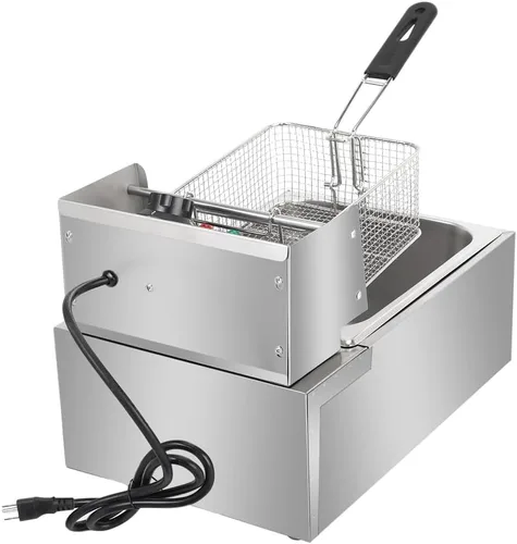 Vista 4 de Freidora eléctrica con cesta y tapa, capacidad de 6 litros, de acero inoxidable, para encimera, para el hogar y el comercio