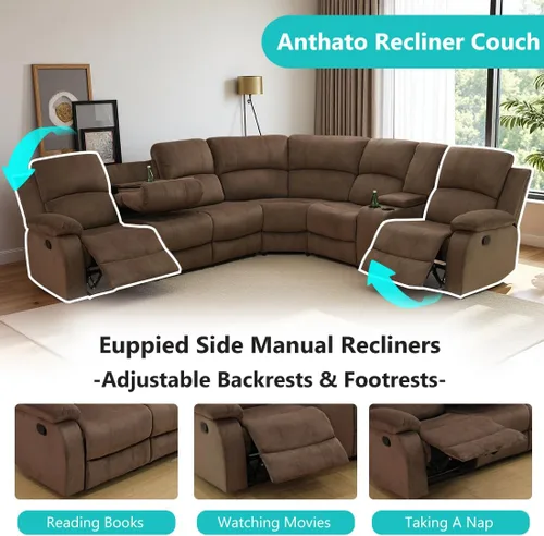 Vista 7 de Juego de sofá seccional reclinable manual, juegos de muebles de sala de estar, sofá seccional en forma de L y 2 sillas, cómodo sofá reclinable
