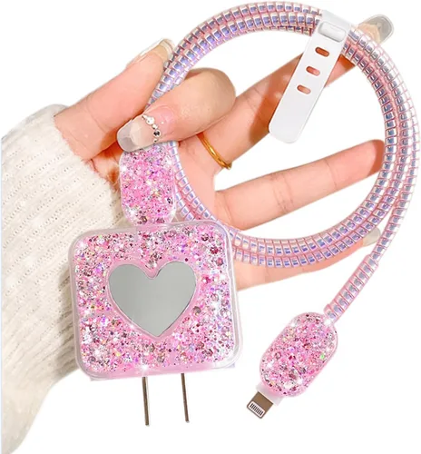 Vista 9 de Bling - Protector de cable para Apple iPhone con espejo, bonito diseño de corazón de amor, funda USB para línea de datos, protector de cargador